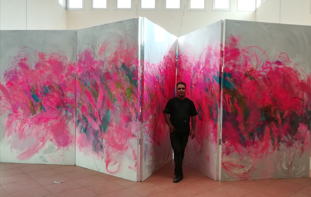 Untitled, 2018: large abstract acrylic painting on five freestanding, two-sided canvas panels